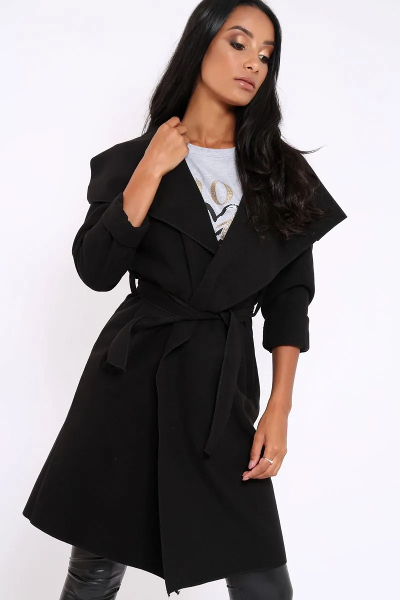 Black Long Length Waterfall Belted Coat - Cindy