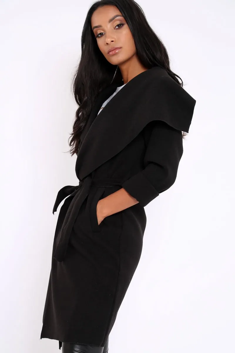 Black Long Length Waterfall Belted Coat - Cindy