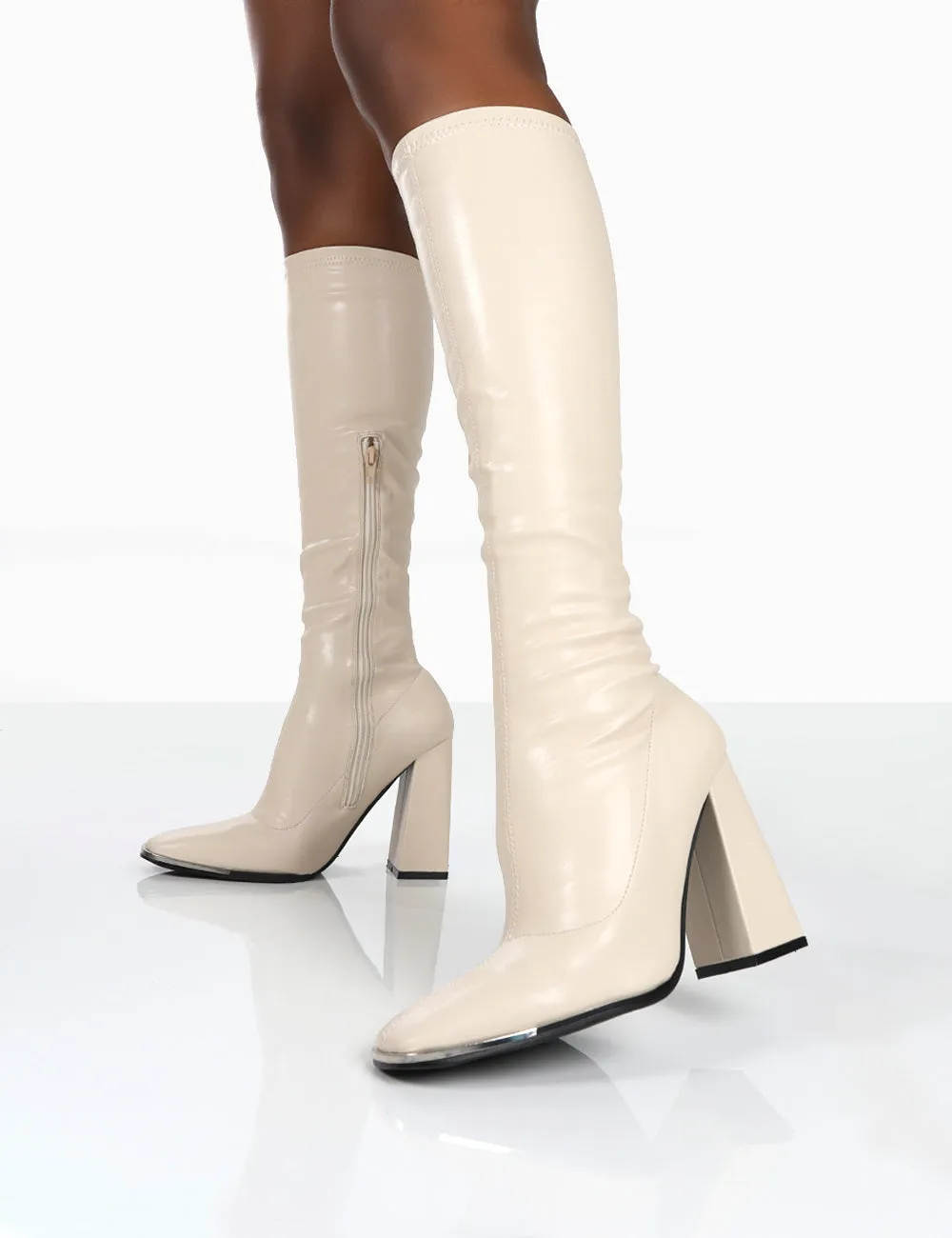 Caryn Stone Pu Wide Fit Knee High Heeled Boot