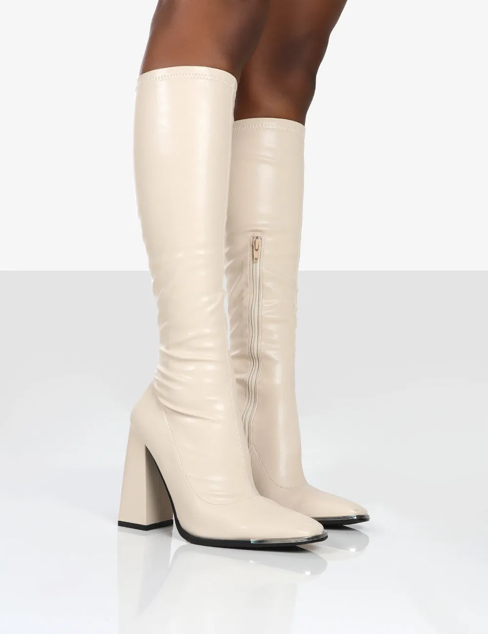 Caryn Stone Pu Wide Fit Knee High Heeled Boot