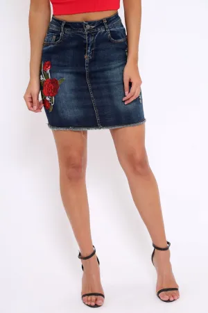 Dark Denim Embroidered Sequin Mini Skirt - Rosie