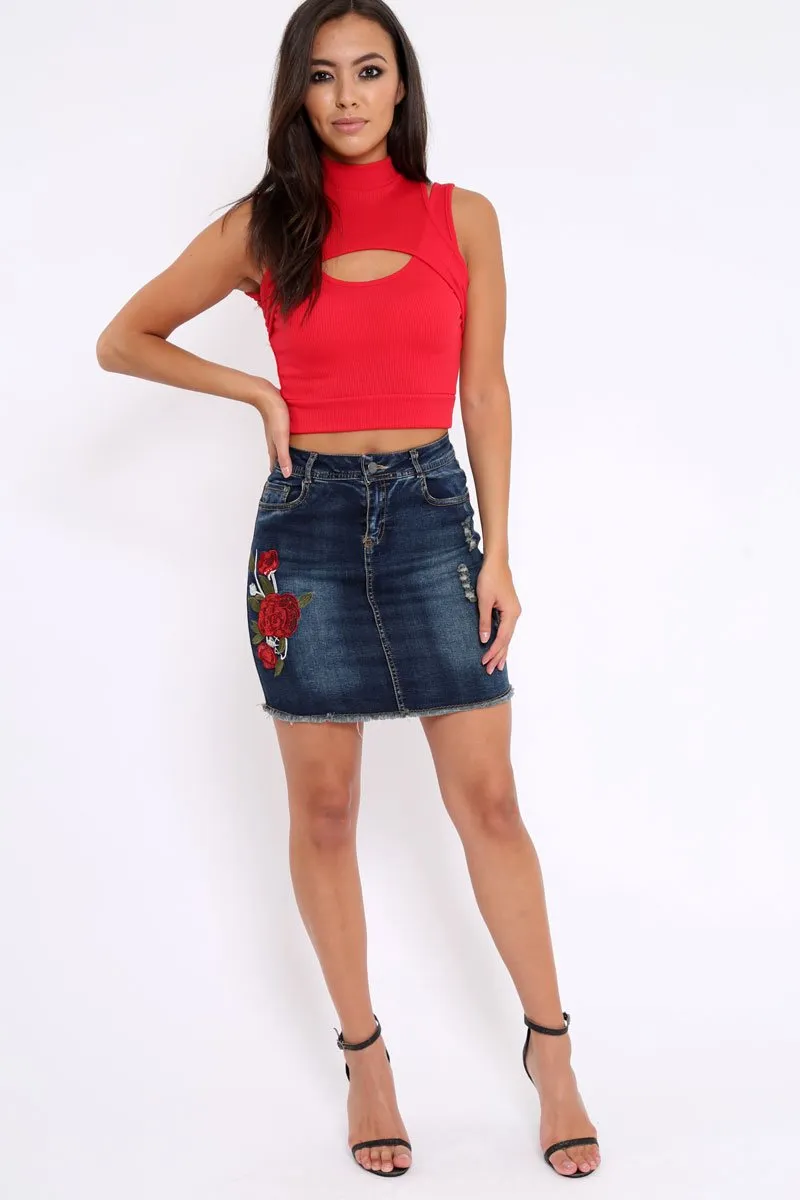 Dark Denim Embroidered Sequin Mini Skirt - Rosie