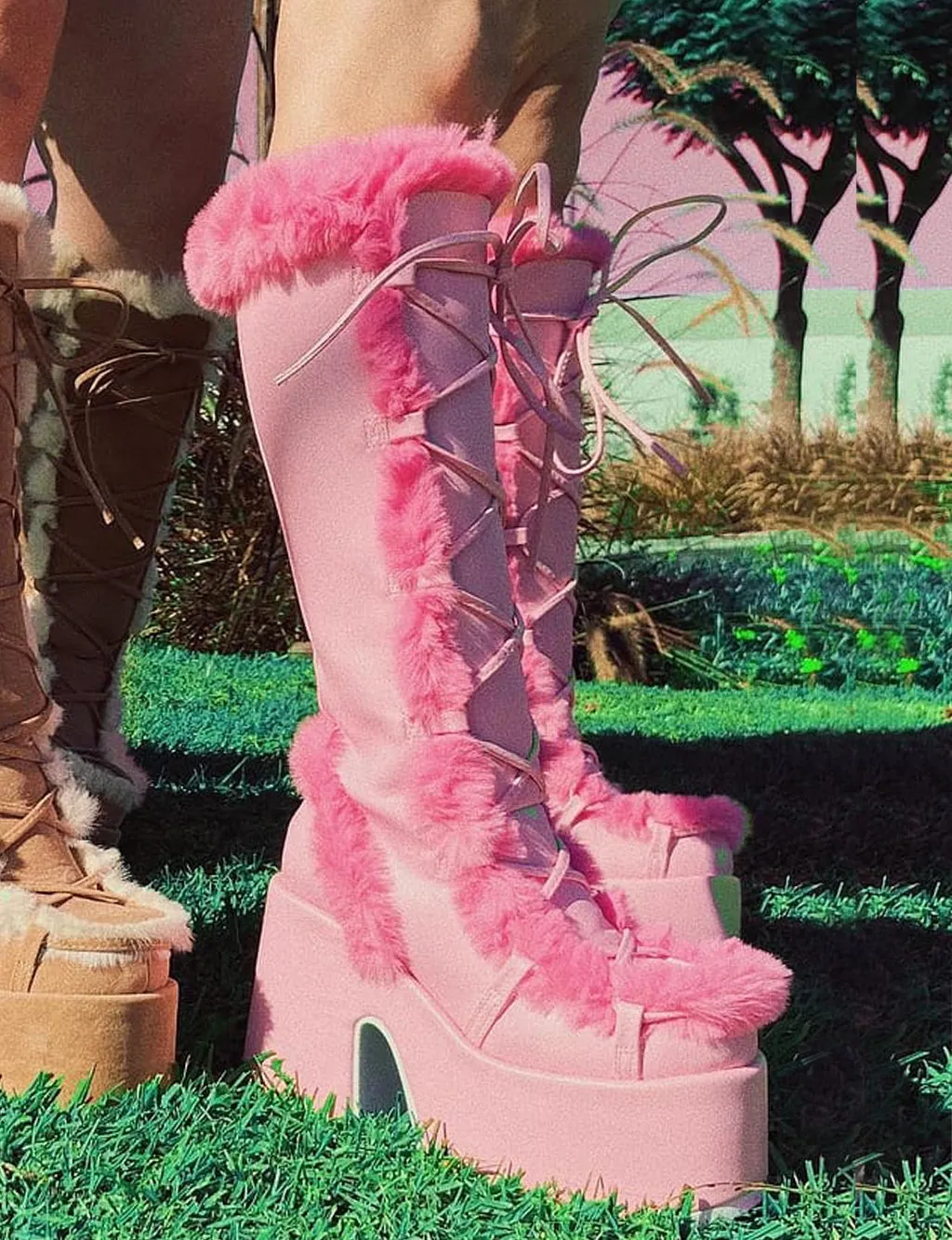 DEMONIA CAMEL 311 PLATFORM BOOTS - PINK/HOT PINK FUR