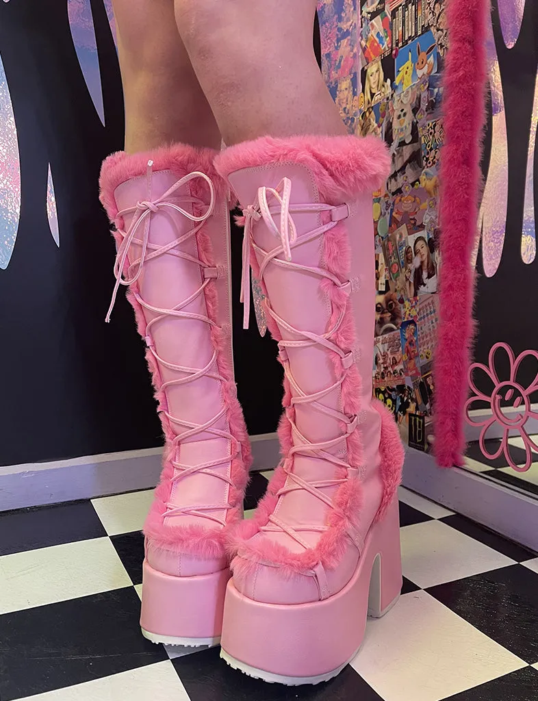 DEMONIA CAMEL 311 PLATFORM BOOTS - PINK/HOT PINK FUR