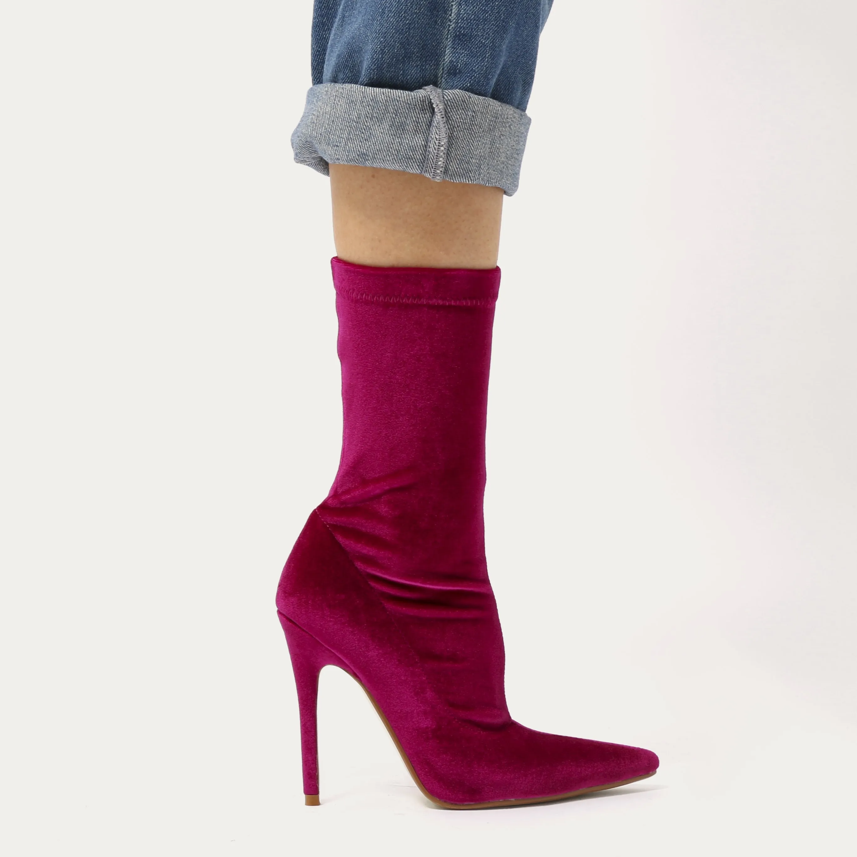 Direct Pointy Sock Boots in Hot Pink Velvet