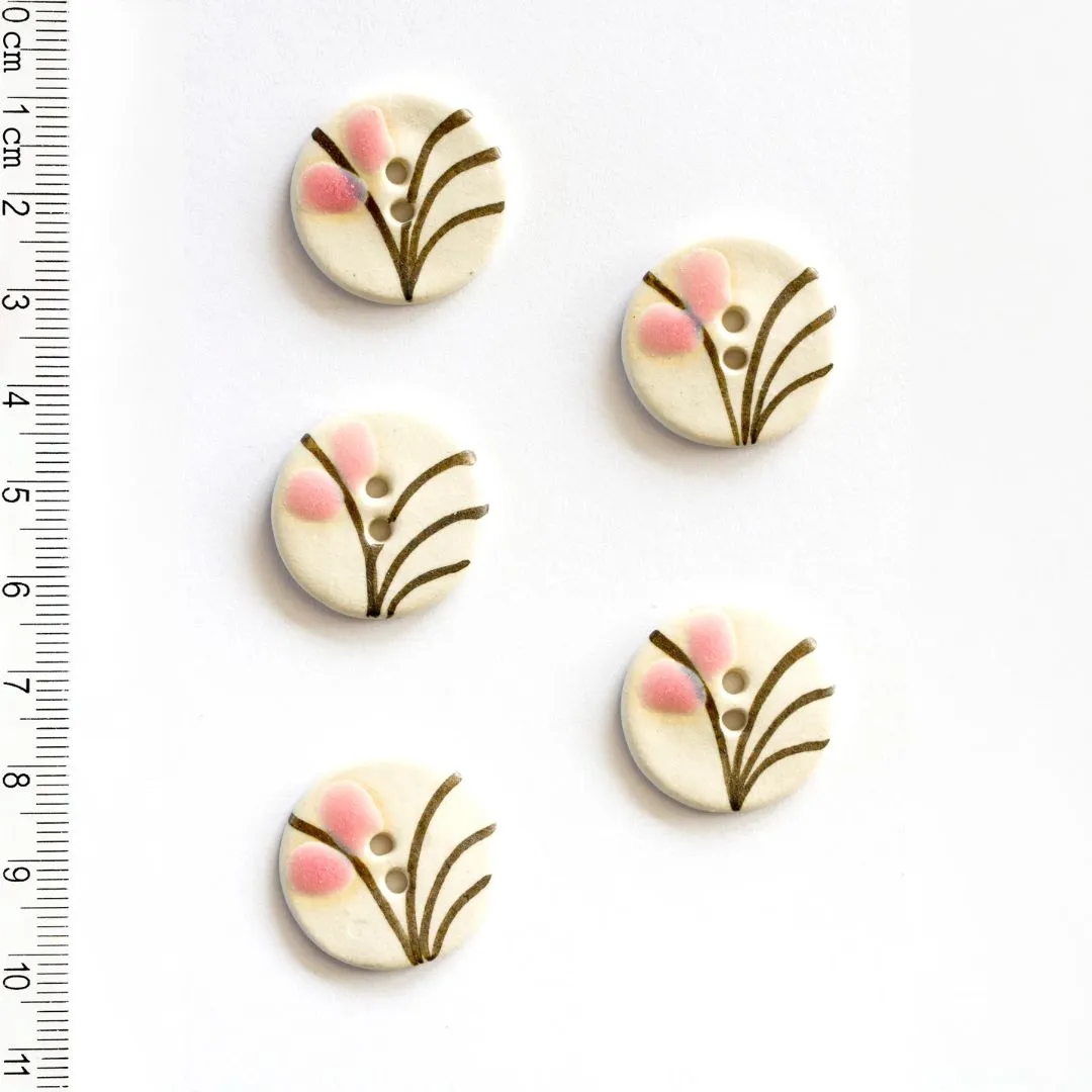 Handmade Buttons Pink Floral Grass - Set of 5 (L297)