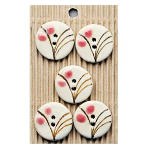 Handmade Buttons Pink Floral Grass - Set of 5 (L297)