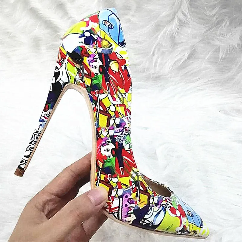 High-heels with colorful patterns, Fashion Evening Party Shoes, yy10