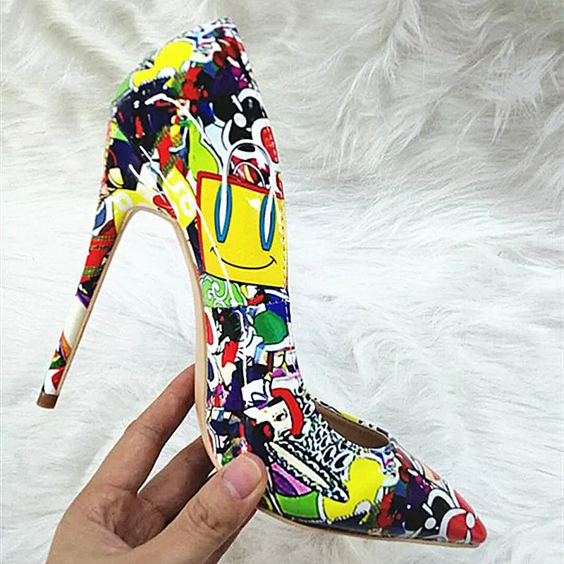 High-heels with colorful patterns, Fashion Evening Party Shoes, yy10