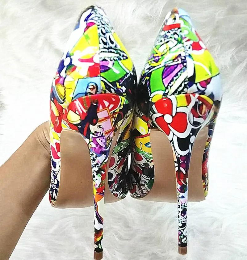 High-heels with colorful patterns, Fashion Evening Party Shoes, yy10