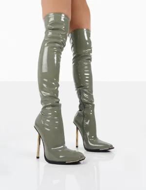 Kenza X Public Desire Vicki Sage Grey Patent over the Knee Stiletto Heeled Boots