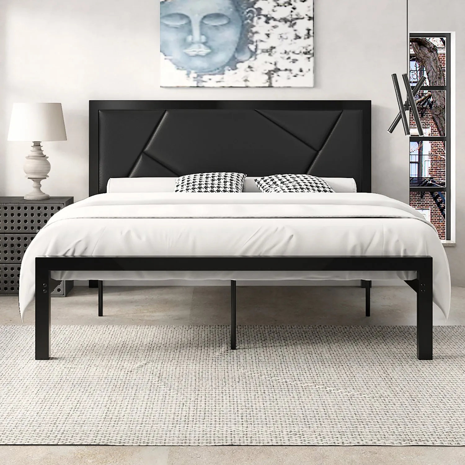 Metal Bed Frame with Geometric Litchi Grain Leather Headboard