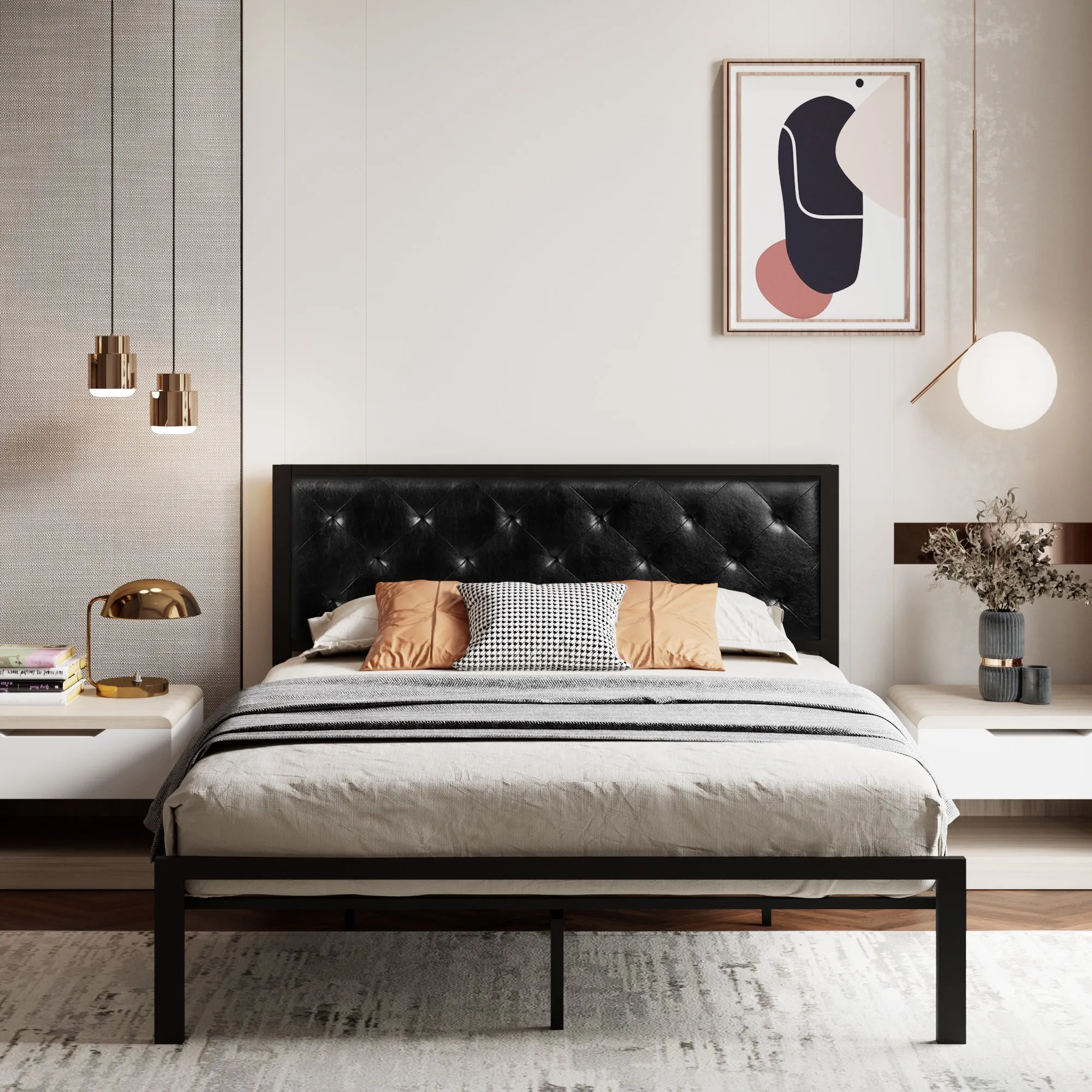 Metal Platform Bed Frame with Metal Slats, Faux Leather Diamond Stitched Design