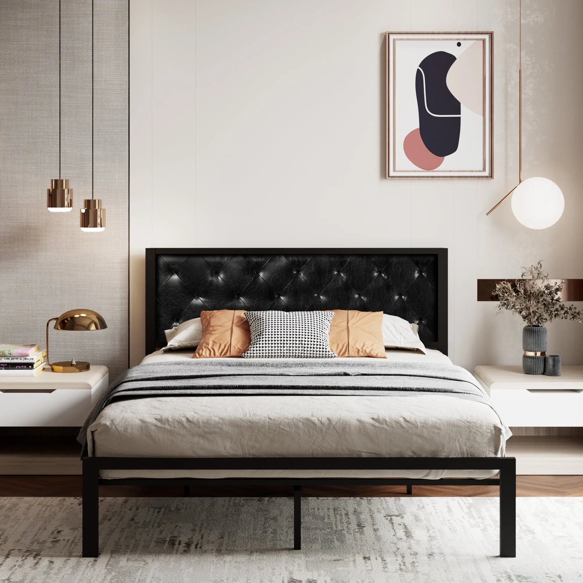 Metal Platform Bed Frame with Metal Slats, Faux Leather Diamond Stitched Design