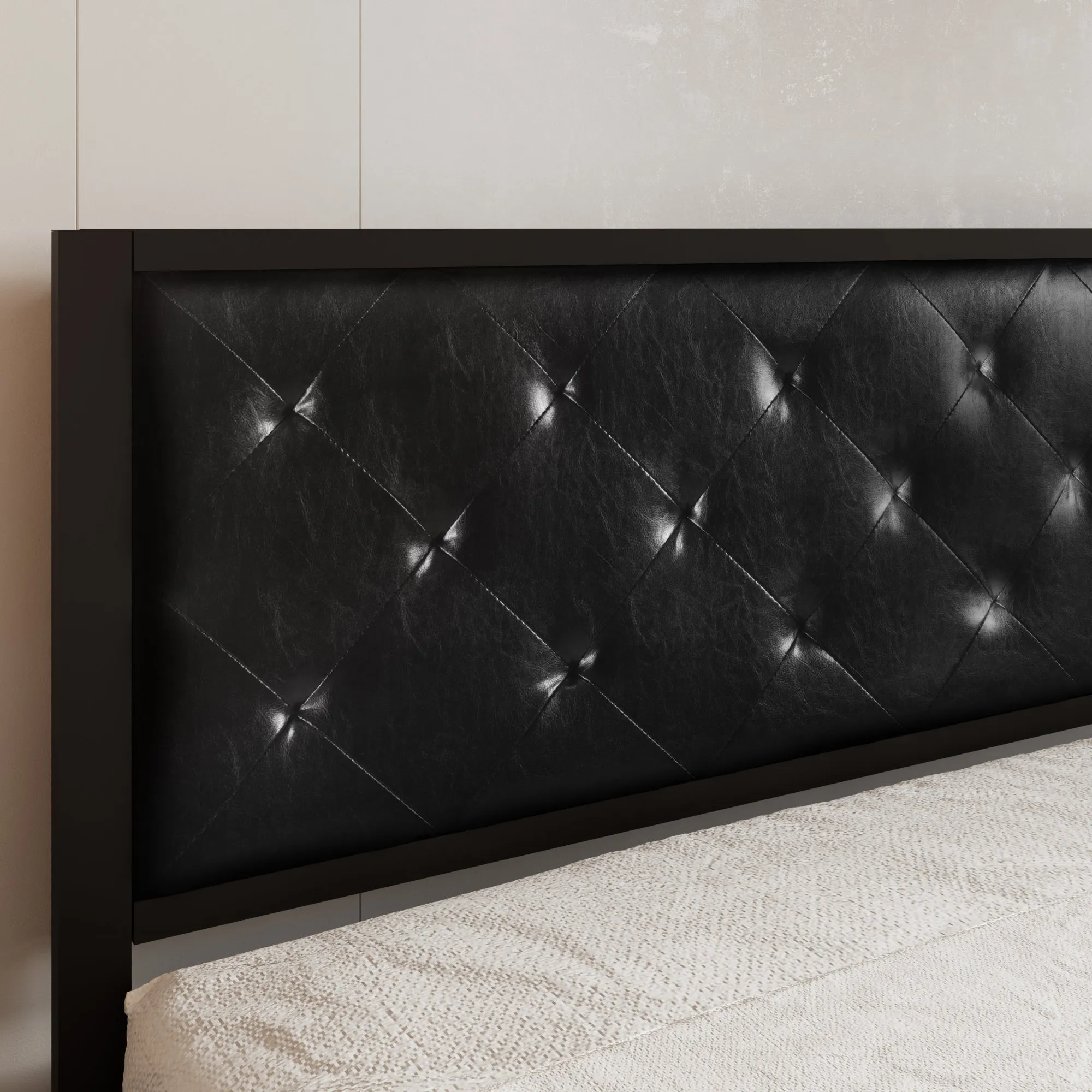 Metal Platform Bed Frame with Metal Slats, Faux Leather Diamond Stitched Design