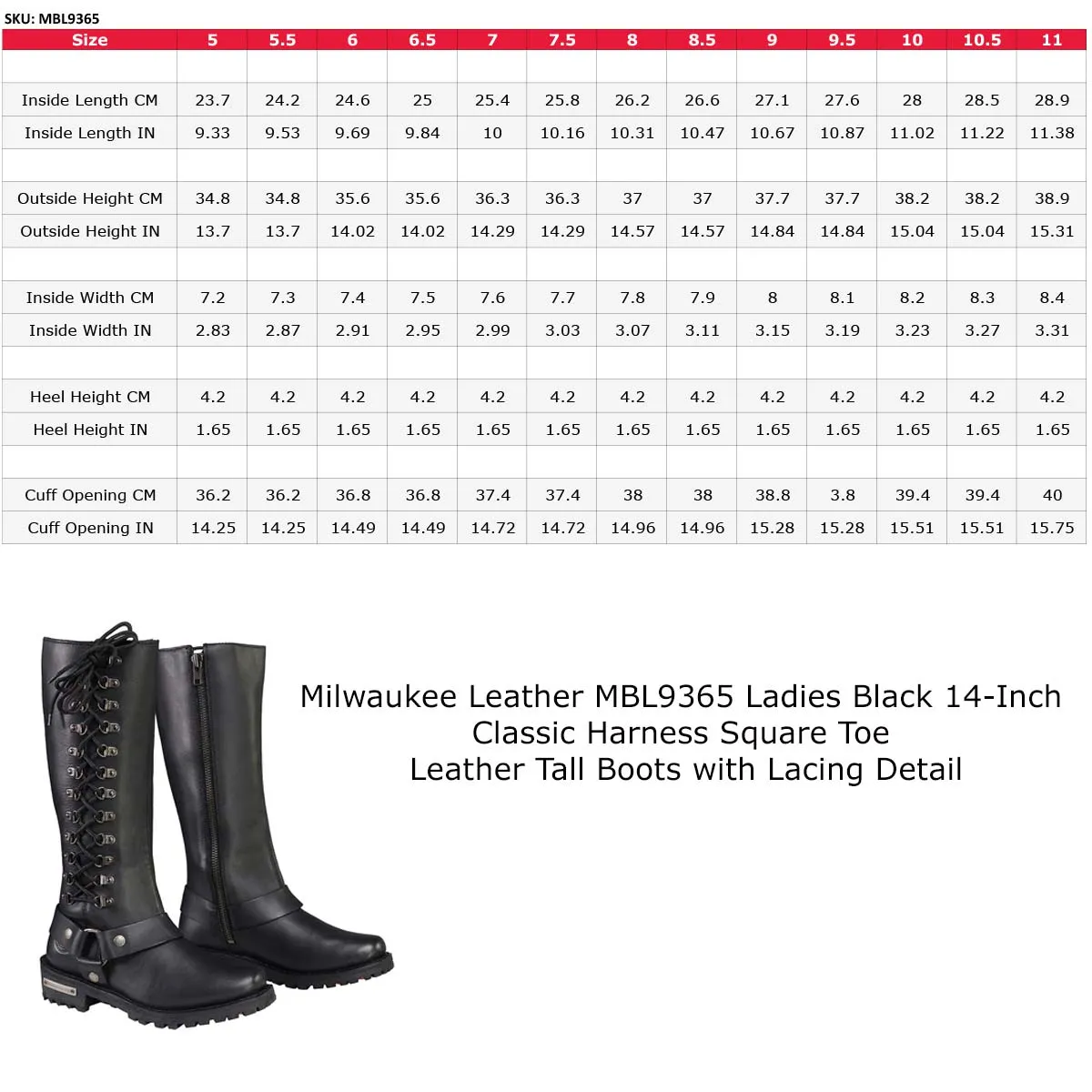 Milwaukee Leather Women's Classic Black Leather 14-Inch Harness Square Toe Tall Motorcycle Boots MBL9365