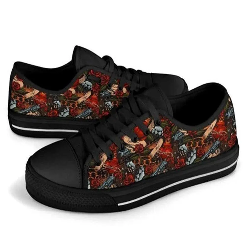 Old School Heart Rose Canvas Low Top Shoes, Low Top Sneaker, Low Top Canvas Shoes