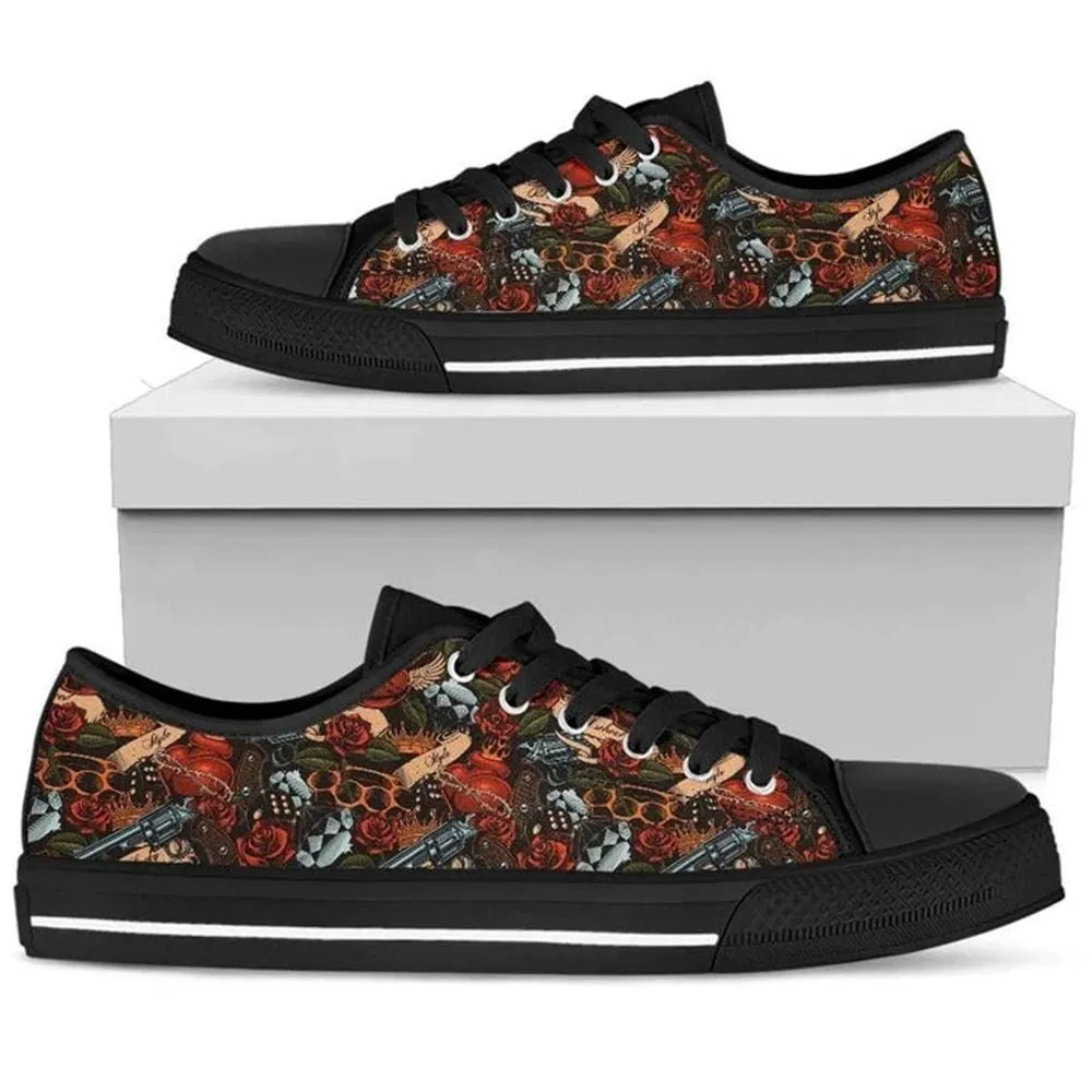 Old School Heart Rose Canvas Low Top Shoes, Low Top Sneaker, Low Top Canvas Shoes