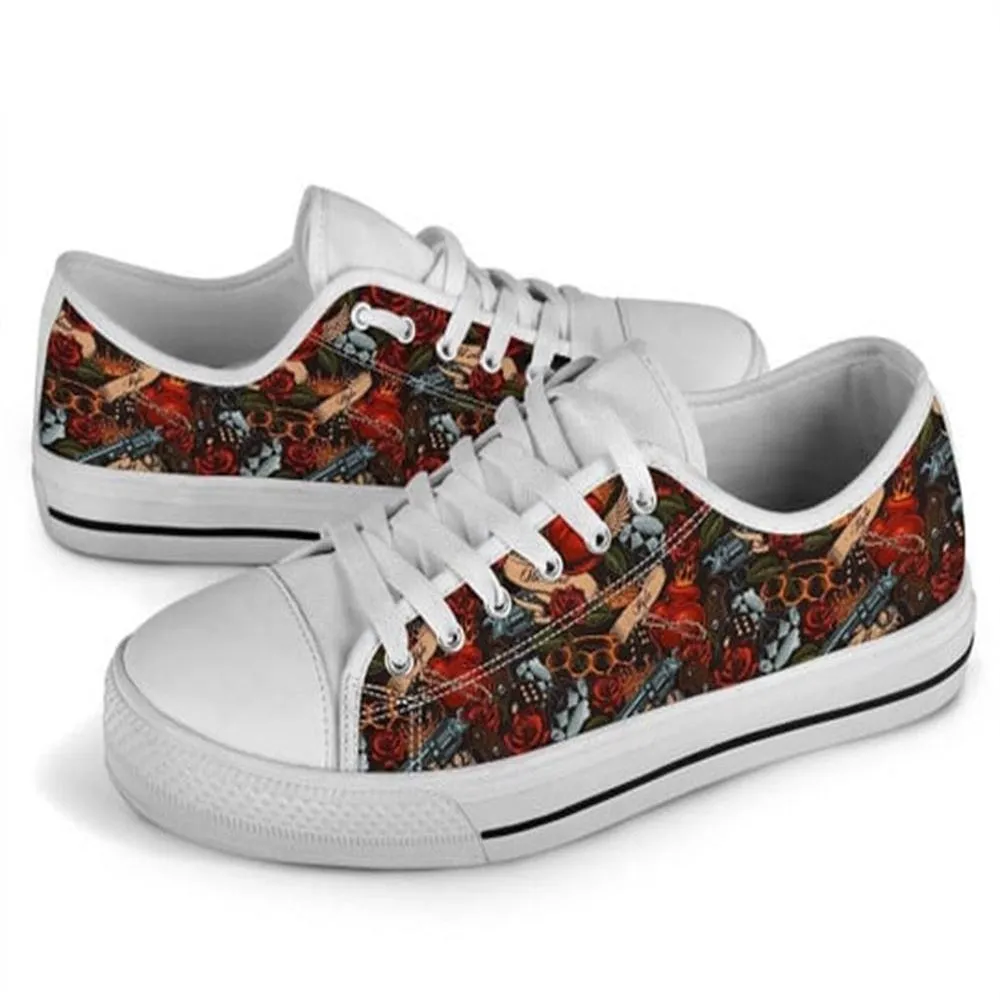 Old School Heart Rose Canvas Low Top Shoes, Low Top Sneaker, Low Top Canvas Shoes