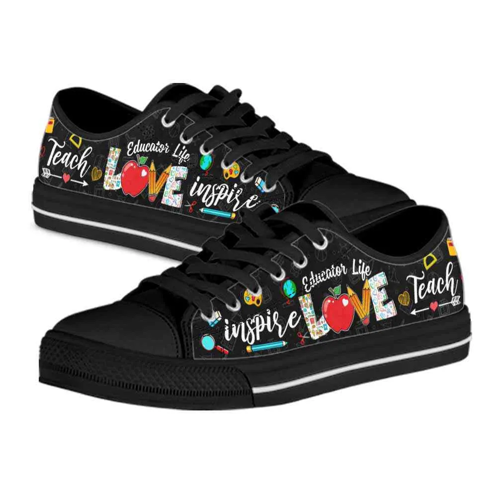 School Educator Life Apple Teach Love Inspire Low Top Shoes, Teacher Shoes, Low Top Sneakers