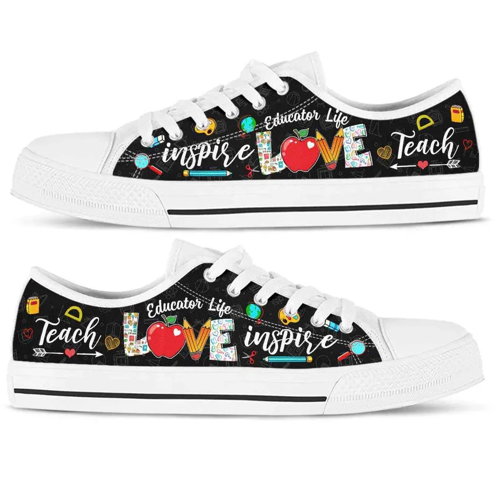 School Educator Life Apple Teach Love Inspire Low Top Shoes, Teacher Shoes, Low Top Sneakers