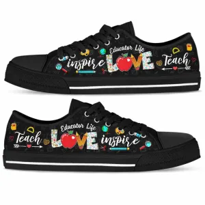 School Educator Life Apple Teach Love Inspire Low Top Shoes, Teacher Shoes, Low Top Sneakers