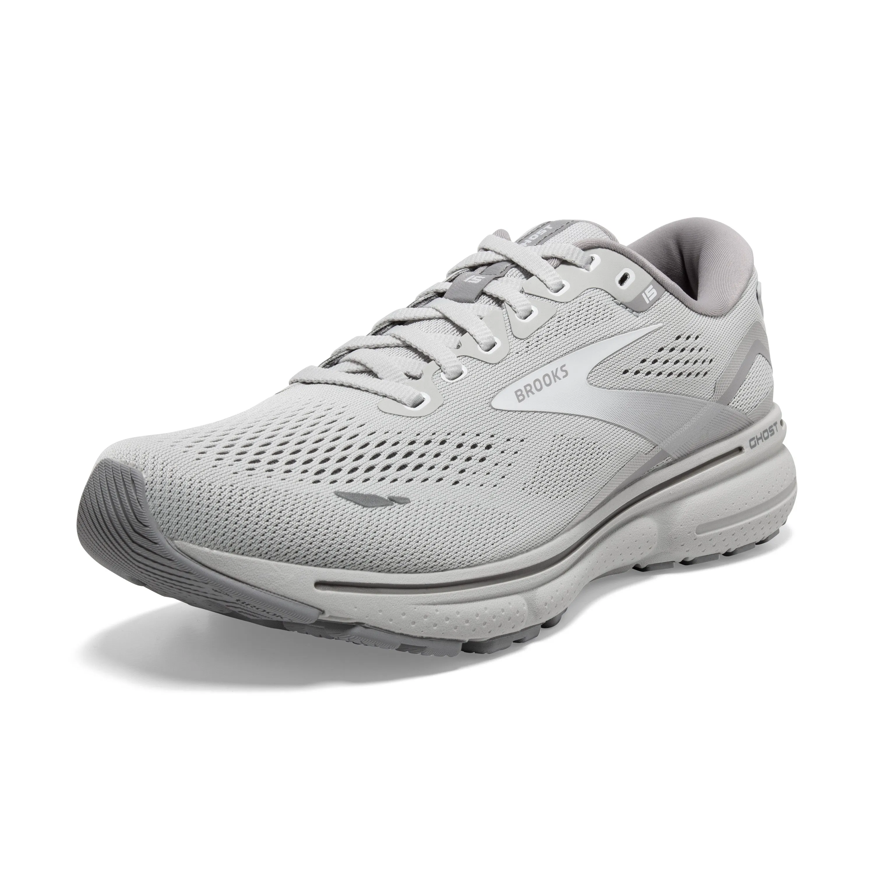 Women's Brooks Ghost 15 1203801D112 Color: Oyster/Alloy/White (WIDE WIDTH)